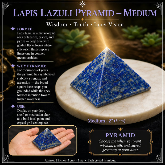 Medium lapis lazuli pyramid on a marble dish, with an inset of it resting in an open hand