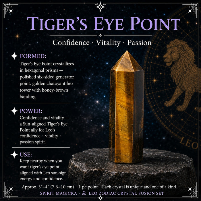 Six-sided tiger’s eye point with golden, honey-brown banding
