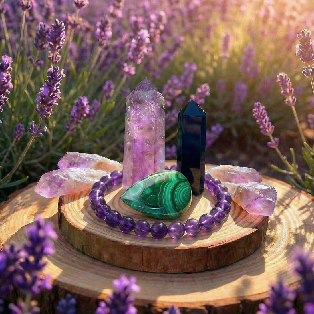 Malachite teardrop cabochon, amethyst point, black obsidian point, amethyst bead bracelet and four amethyst shards on a wood slab among lavender