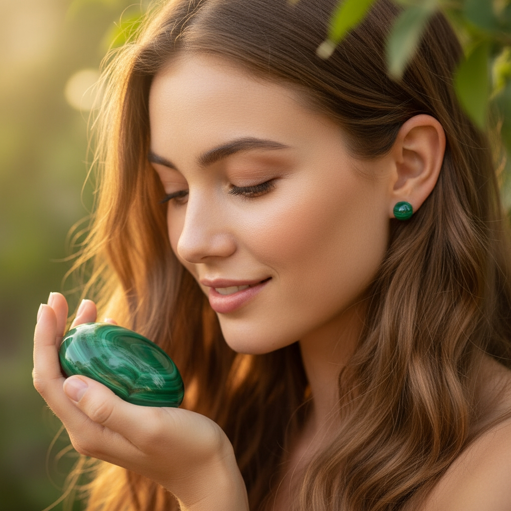 A smiling woman wearing a round malachite stud earring, holding a polished malachite stone in warm light
