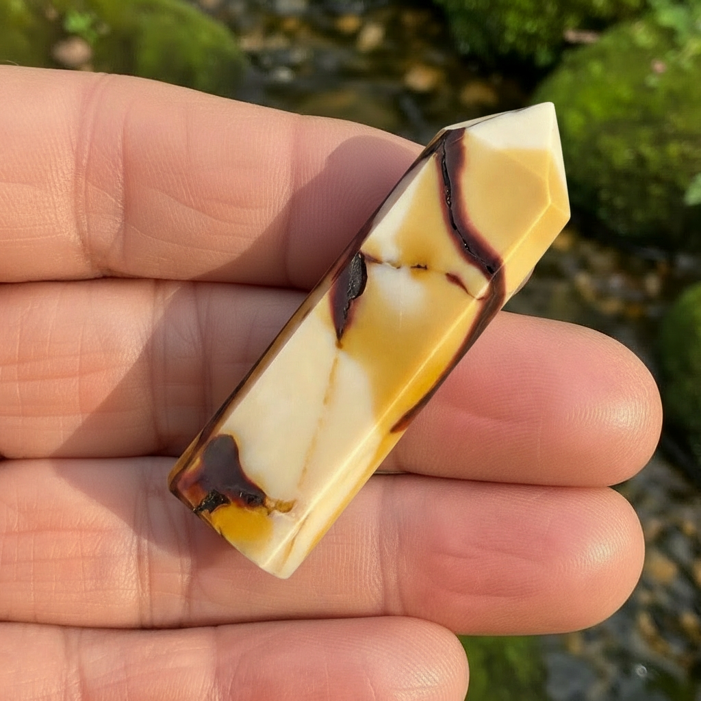 A cream and yellow Mookaite mini point with burgundy veins resting across the fingers of one hand