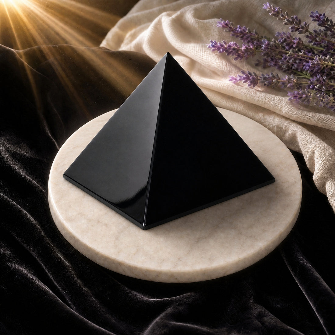 A large polished black obsidian pyramid on a round stone plate, light glinting off its smooth faces