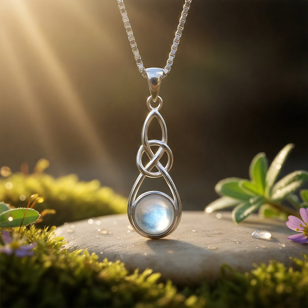 Close-up of the sterling silver infinity knot pendant cradling a round blue-flash moonstone, hanging from a box chain in warm light