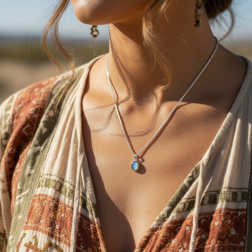 The rainbow moonstone pendant worn on a fine silver chain at the base of the neck