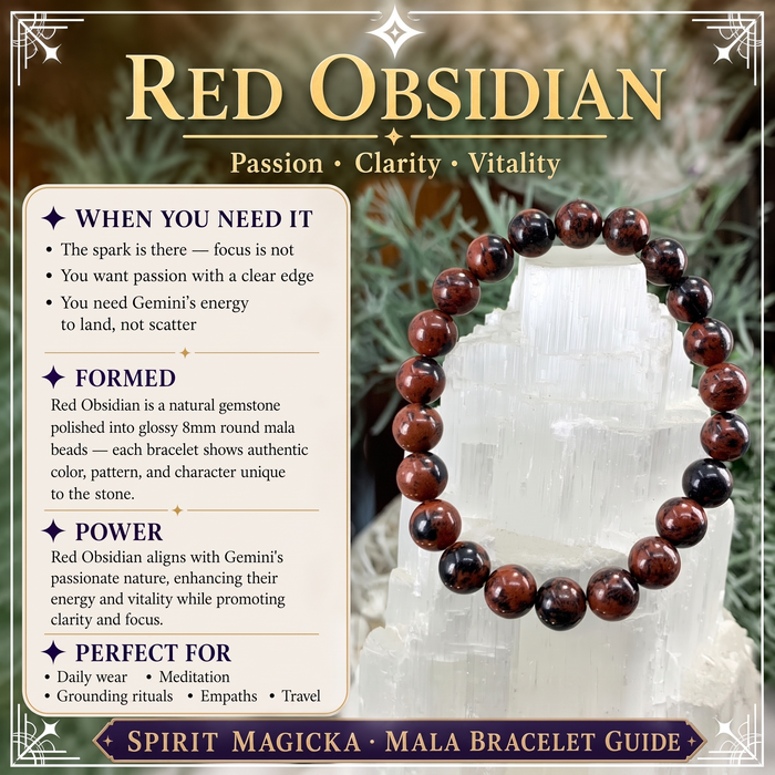 Red obsidian bracelet of deep red and black beads on a selenite tower