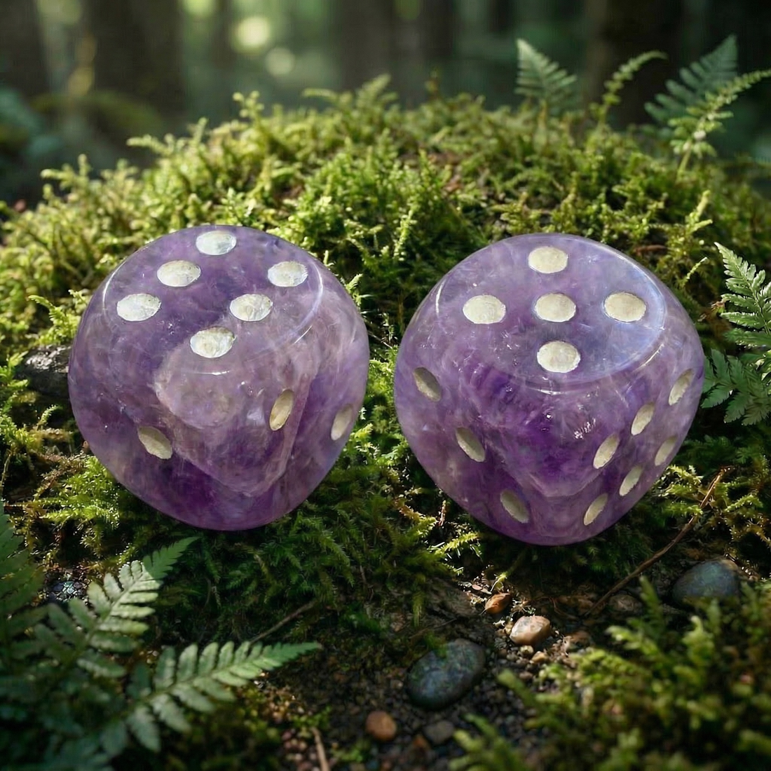 Two purple amethyst dice with white pips resting on green moss