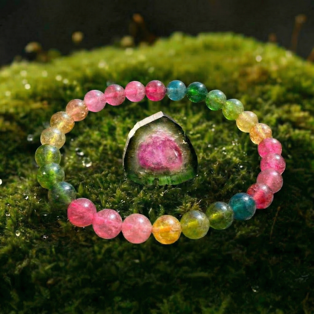 Watermelon tourmaline bead bracelet in pink, green, gold and teal circling a polished tourmaline slice with a pink core and green rim, on moss