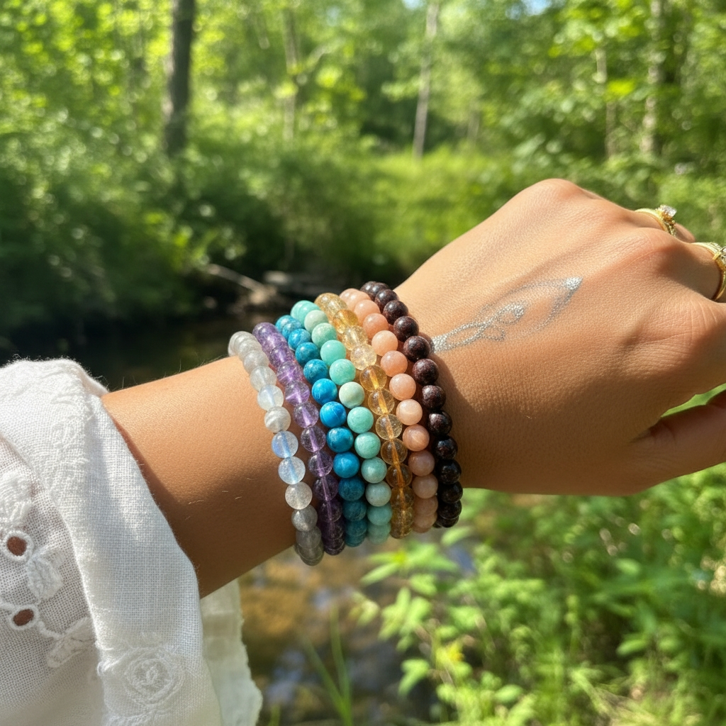All seven chakra mala bracelets worn together on one wrist beside a forest stream