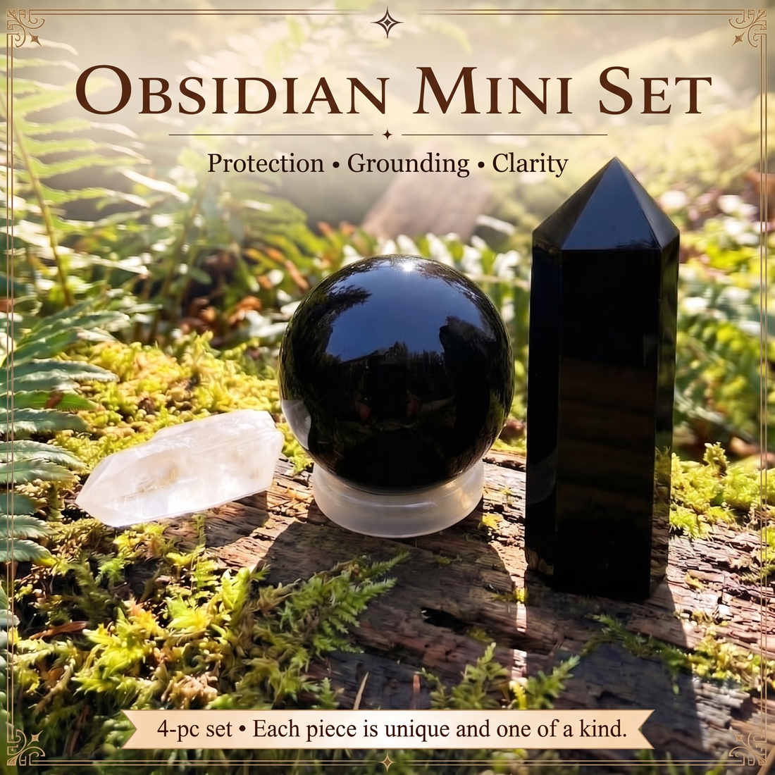 The obsidian point, the obsidian sphere resting on the pale pink agate ring, and a clear quartz shard together on a mossy log