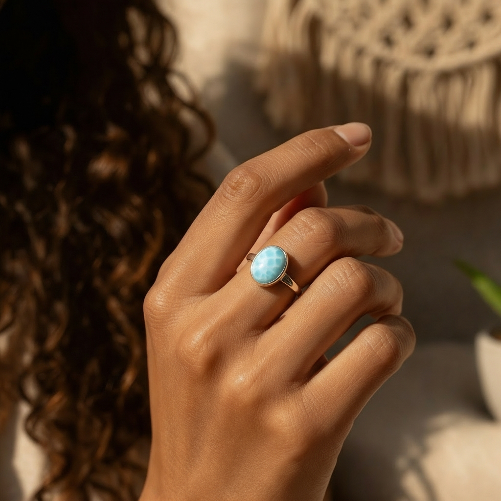 The larimar oval ring worn on a hand in warm afternoon light