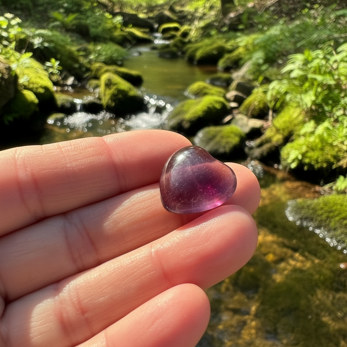 A small purple fluorite heart held between two fingers beside a mossy stream