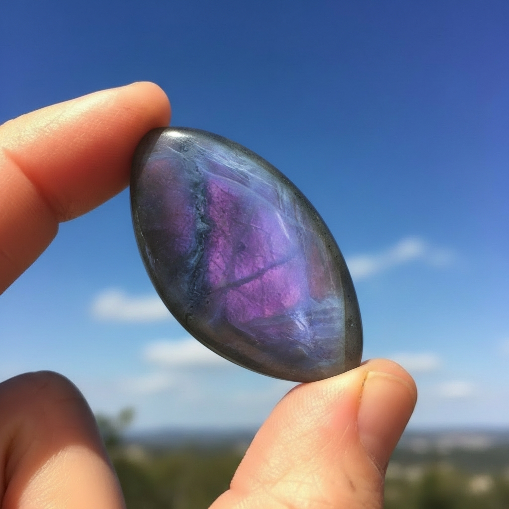 A purple flash labradorite cabochon held between a finger and thumb against a blue sky