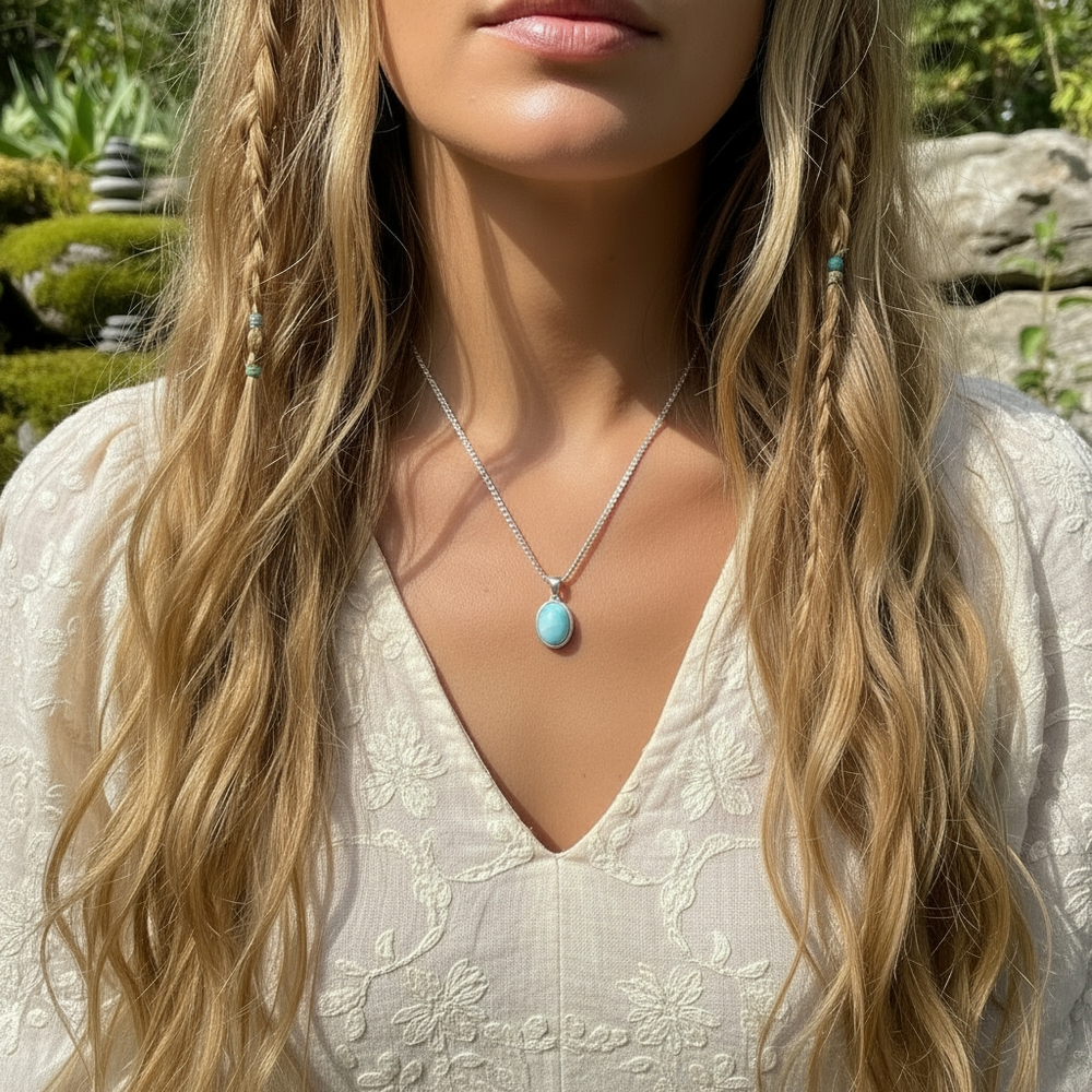 A small oval larimar pendant on a fine silver chain, worn with a white embroidered V-neck top