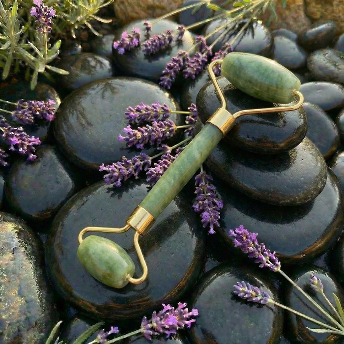 A nephrite jade facial roller with gold fittings resting on dark river stones with lavender