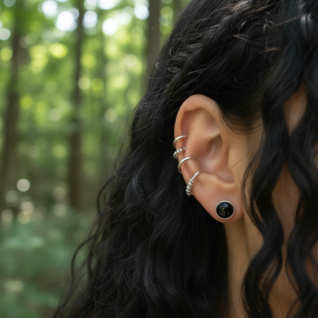 A black onyx stud worn on an earlobe beneath long dark hair, with a green forest behind
