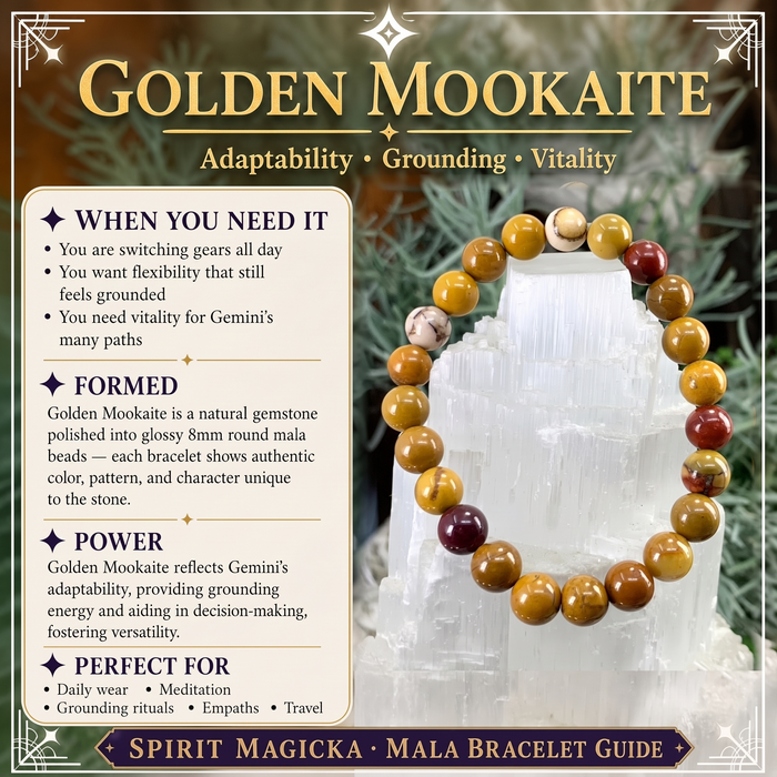 Golden mookaite bracelet of mustard, cream and red beads on a selenite tower