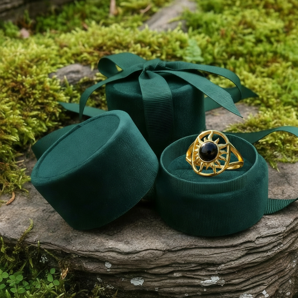 The solar power ring nestled in an open round green velvet ring box beside its lid and ribbon on a mossy stone