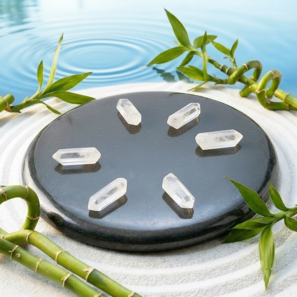 Six clear quartz crystals arranged in a circle on a black stone tray beside bamboo