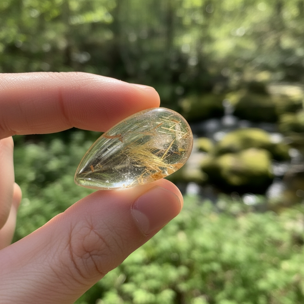 Side view of the rutilated quartz teardrop between two fingers, showing its smooth domed cabochon profile