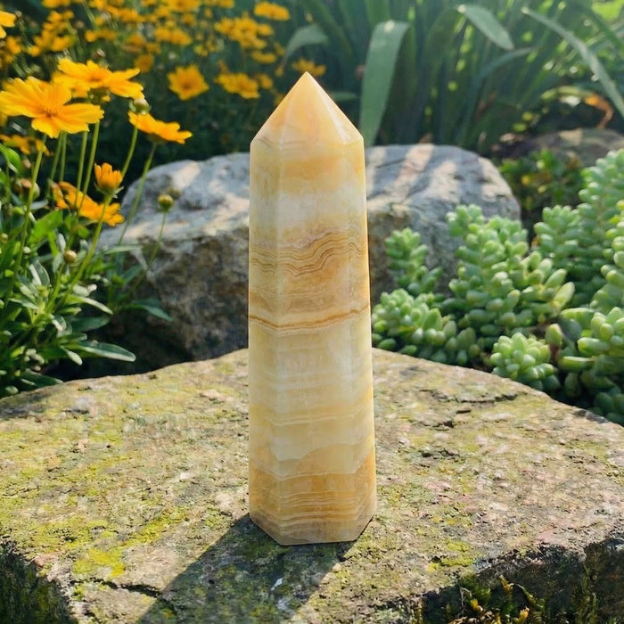 Afghanistan jade point with cream and honey bands, standing on a mossy stone