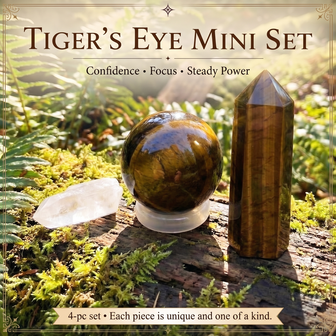 A tiger's eye mini point, a tiger's eye sphere resting on a pink agate ring and a small clear quartz shard on a mossy log
