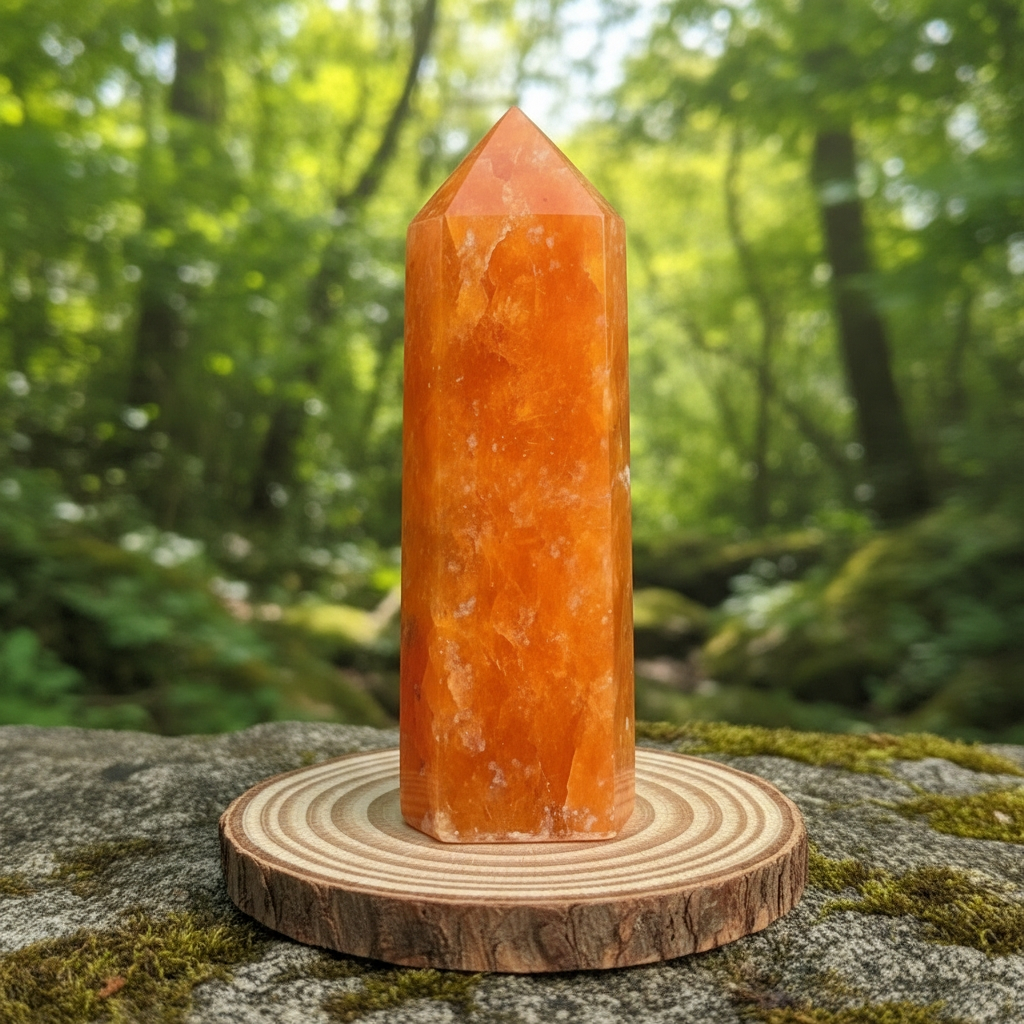 A glowing orange calcite mini crystal point standing on a wooden slice on a mossy stone in a sunlit forest