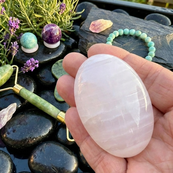 A smooth oval pink calcite palmstone resting in an open hand
