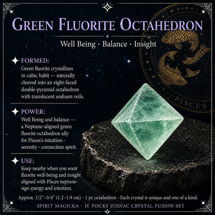 Translucent seafoam-green fluorite octahedron balanced on one point