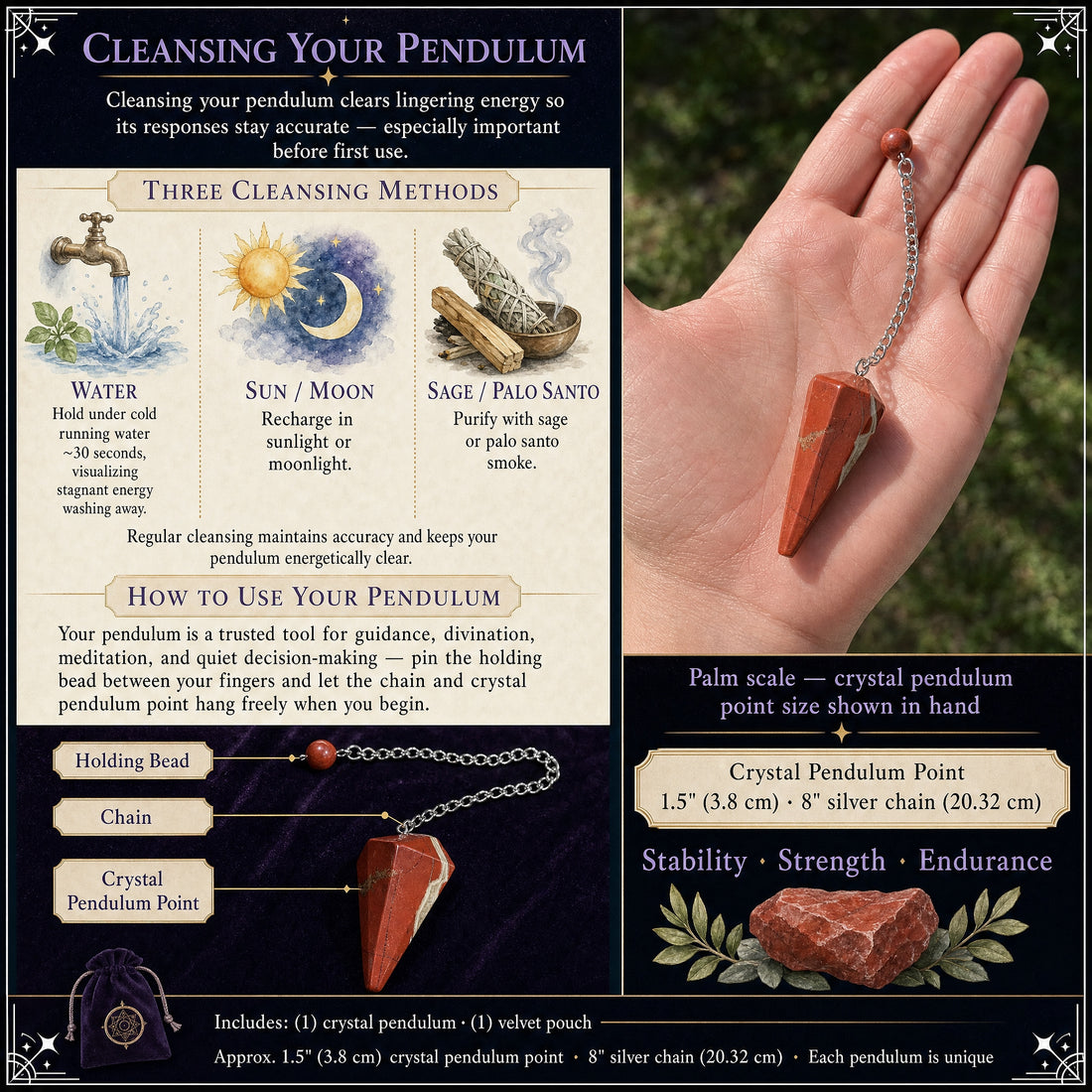 The red jasper pendulum lying in an open palm beside a labelled diagram of its holding bead, chain and crystal point, with its velvet pouch