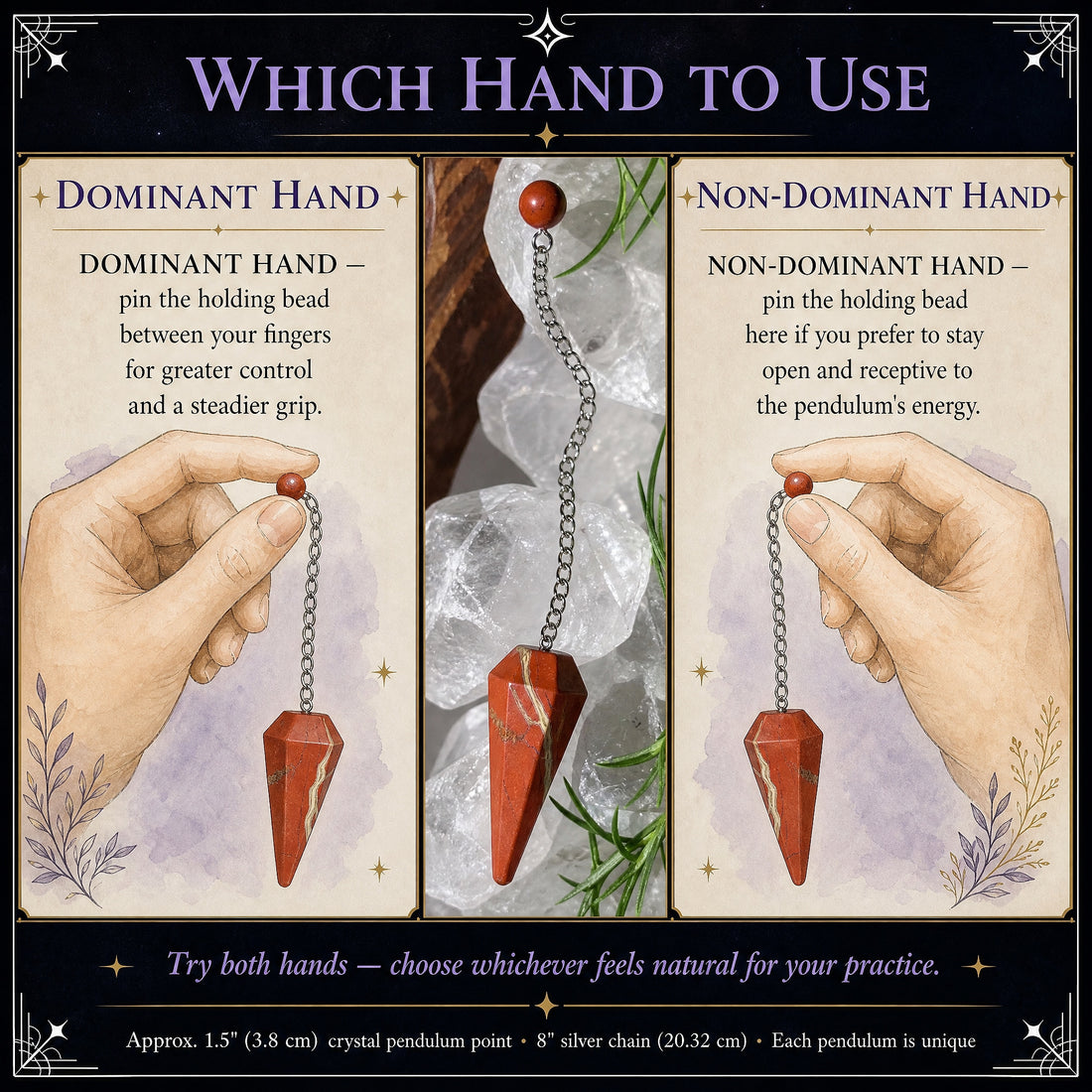 Illustrations of the red jasper pendulum held in the dominant and non-dominant hand, beside a photo of it hanging from its bead