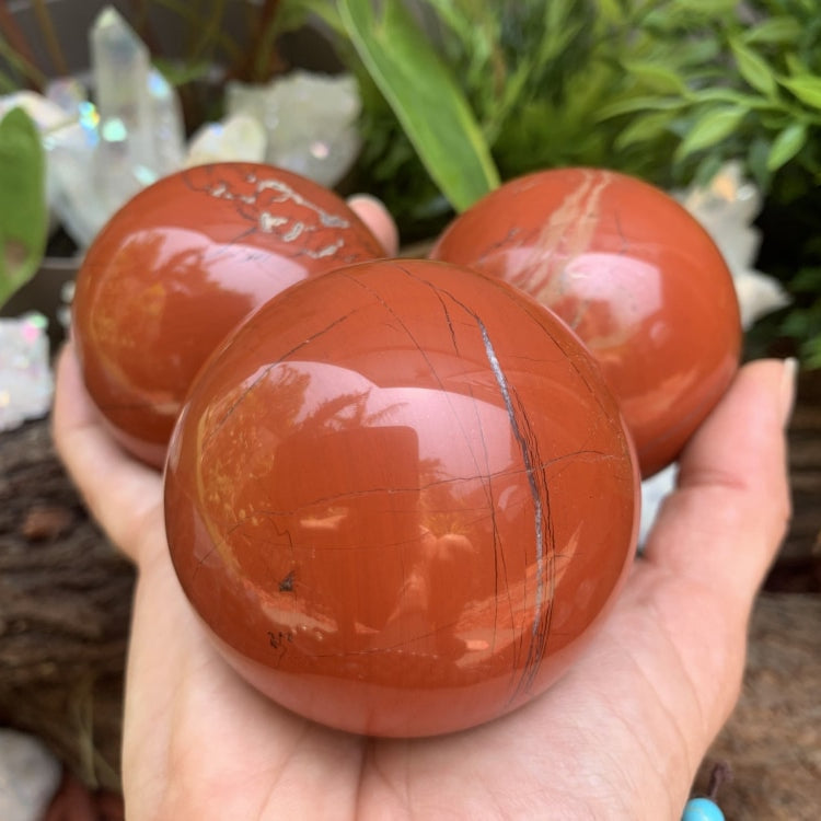 Three polished medium red jasper spheres held together in one open hand in front of plants and clear quartz
