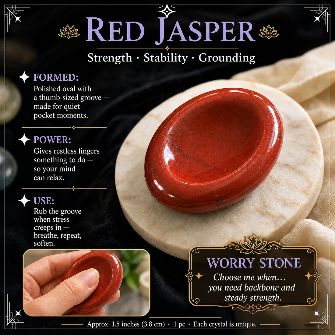 Polished red jasper worry stone on a marble coaster, with an inset of a thumb resting in its oval groove