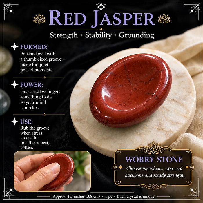 Red Jasper worry stone: warm brick red, with a thumb groove