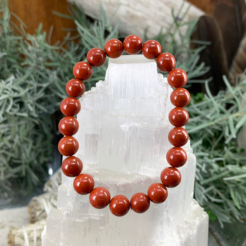 Pulsera Mala De Jaspe Rojo Con Bolsita De Terciopelo