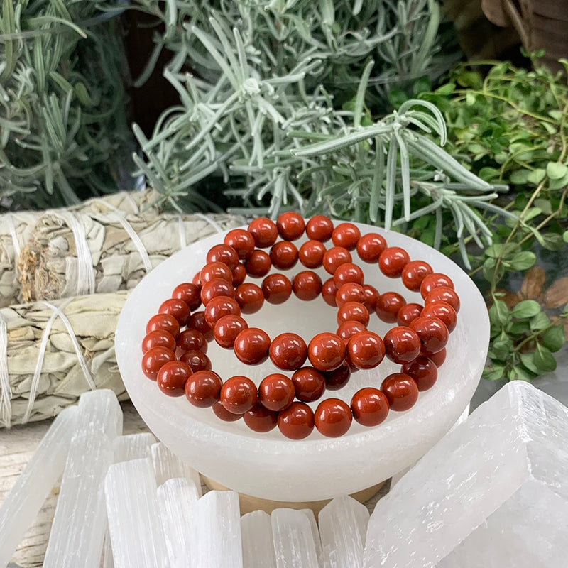 Pulsera Mala De Jaspe Rojo Con Bolsita De Terciopelo