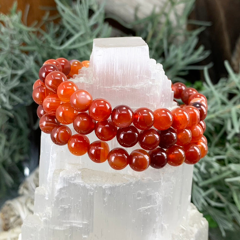 Mala Striped Red Agate Bracelet With Velvet Pouch