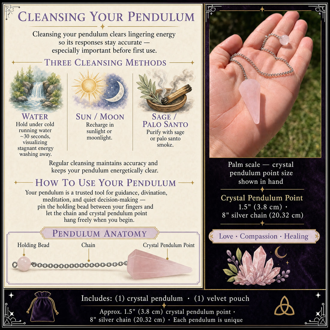 The rose quartz pendulum lying in an open palm, beside a guide to cleansing it and a labelled diagram of its holding bead, chain and crystal point