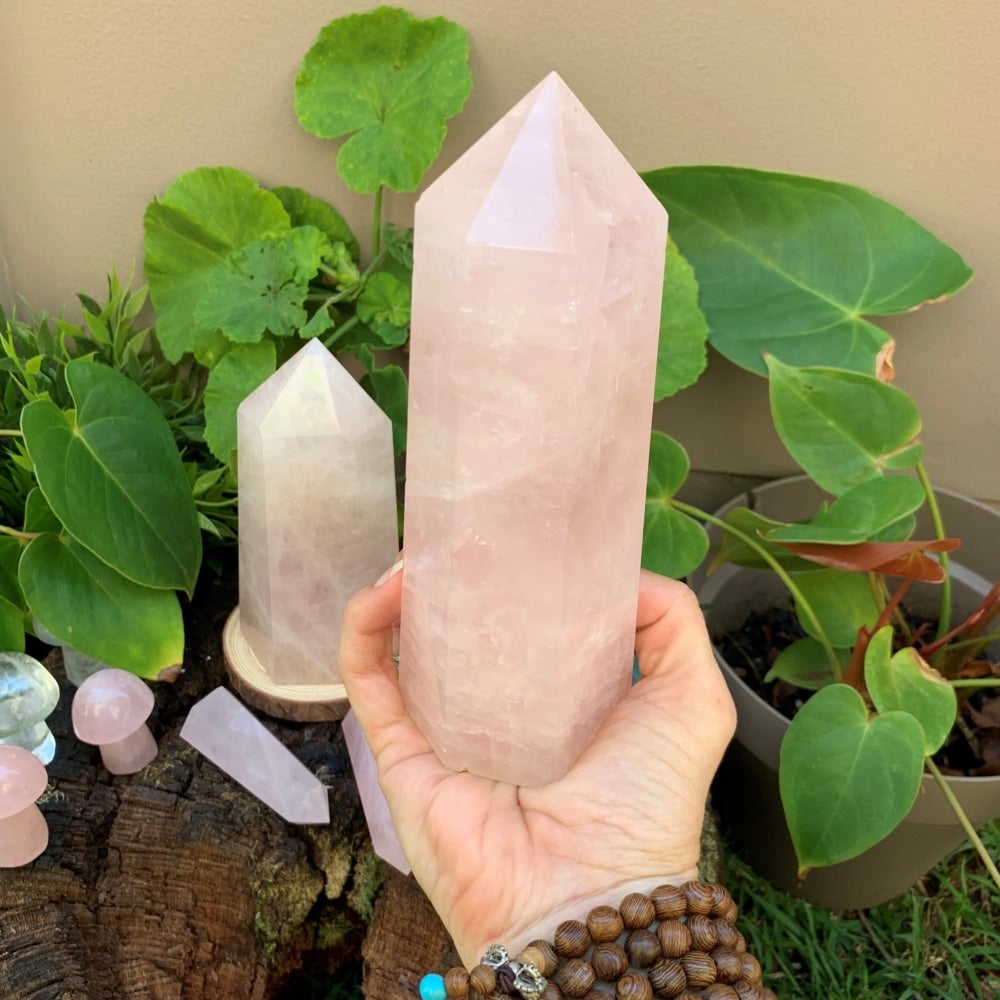 A hand holding the rose quartz large generator upright, its point rising well above the fingers, with smaller crystals behind