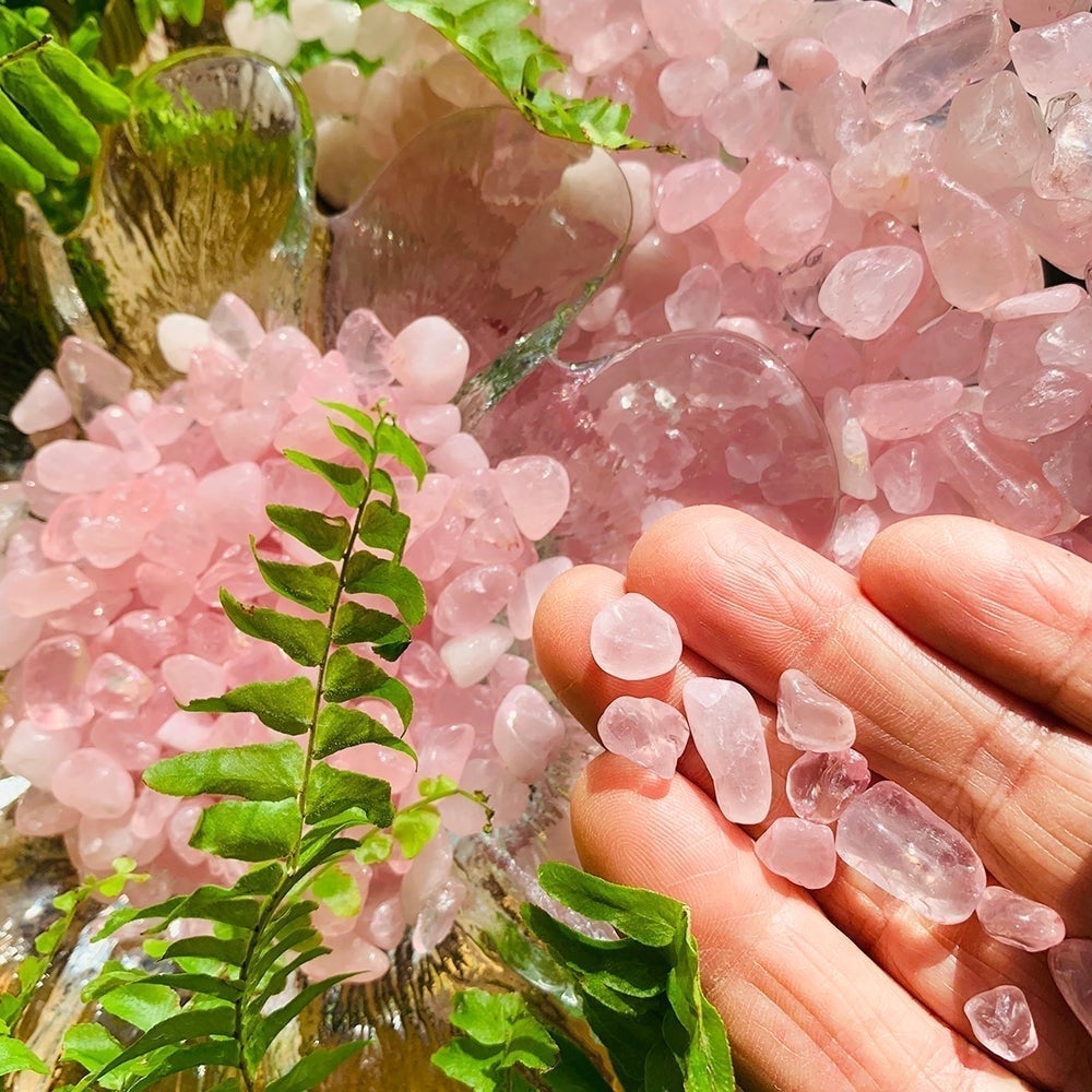 Tumbled rose quartz mini gemstones resting on the fingers of one hand beside a glass dish heaped with more rose quartz and a green fern