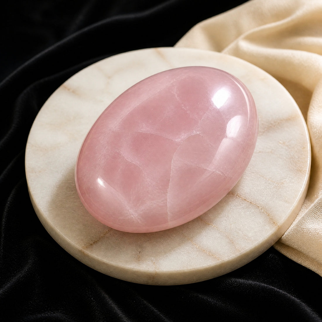 Polished oval rose quartz palmstone with soft white veils resting on a cream marble dish