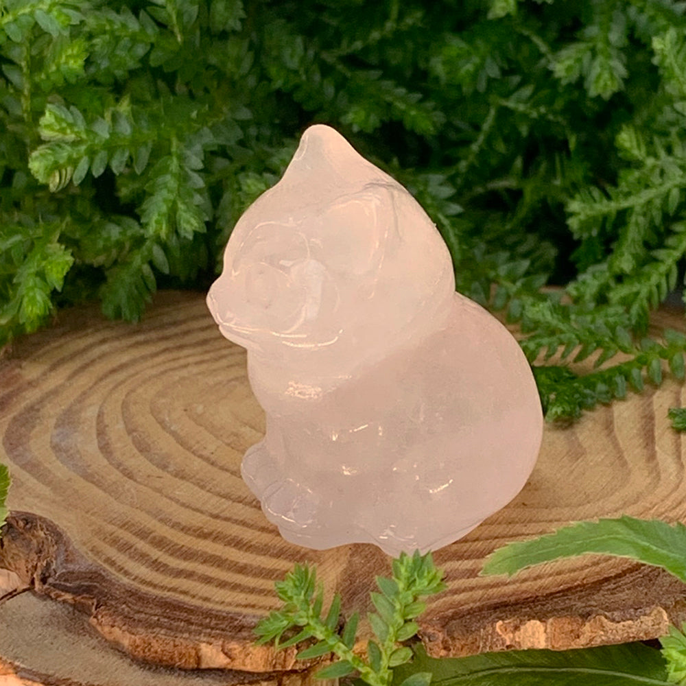 A carved pale pink rose quartz cat sitting on a wooden slice in front of green ferns