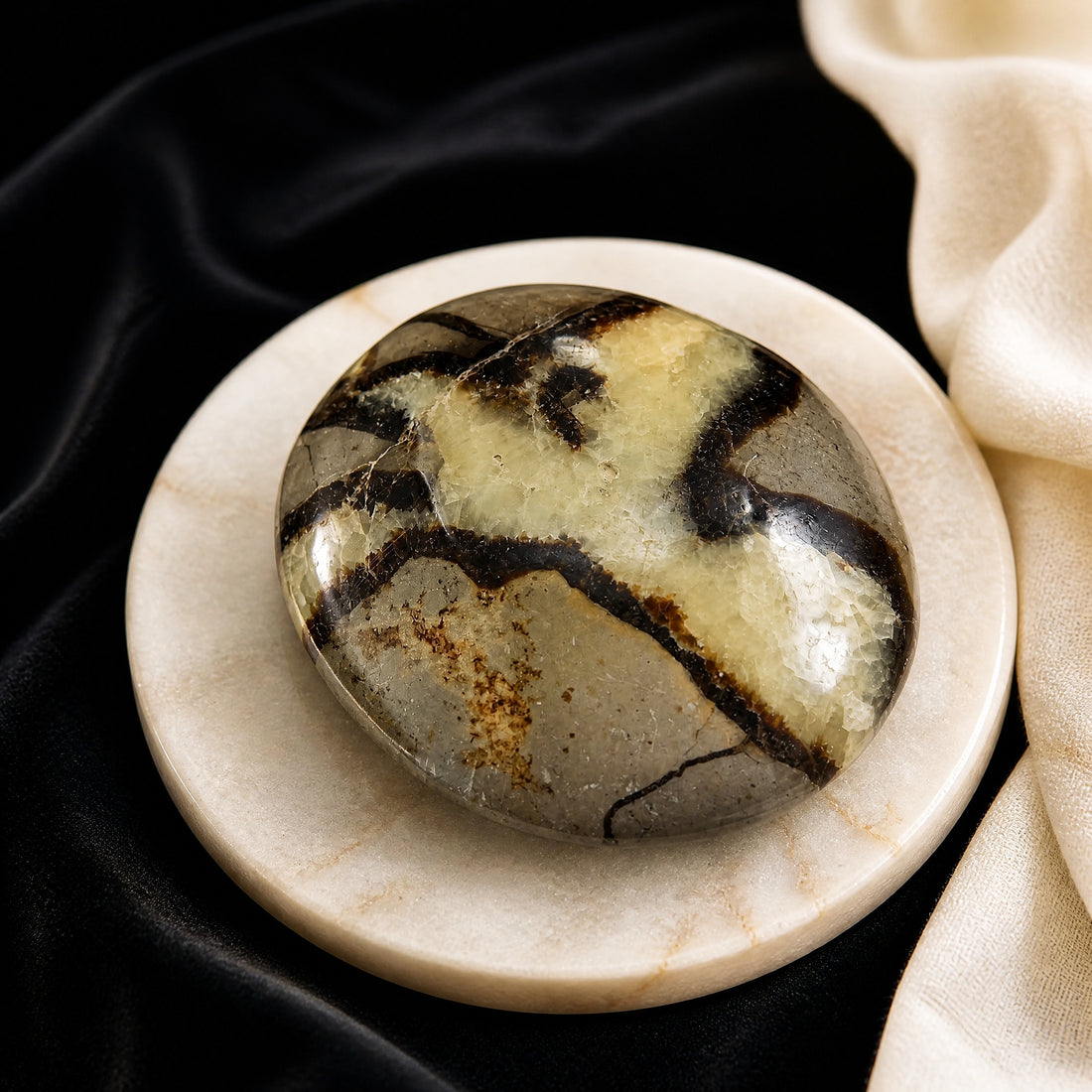 A polished oval septarian palmstone with gray stone, golden yellow patches and dark brown cracks, on a round cream marble dish