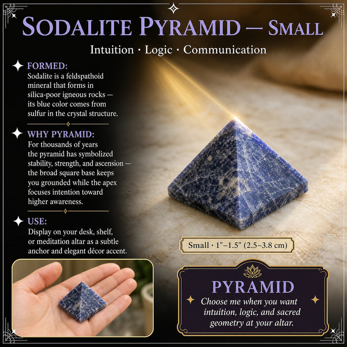 Small sodalite pyramid on a marble surface, with an inset of it resting in an open hand