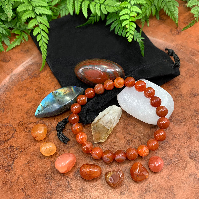 Röndótt Red Agate Mala Armband Harmony Pouch Set