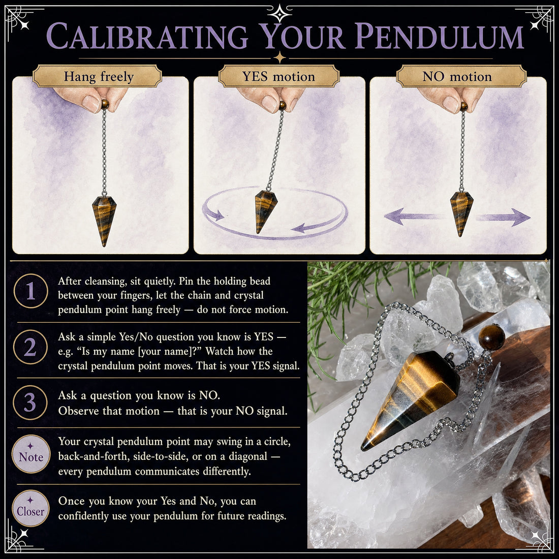 Calibration guide showing the tiger's eye pendulum hanging freely, a circular yes motion and a side-to-side no motion