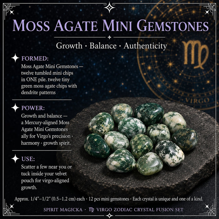 Twelve small tumbled moss agate stones in one pile, green with white dendrite patterns