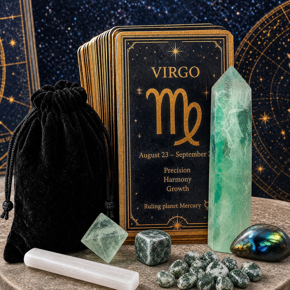 The Virgo crystal set on a stone dais: green fluorite point, labradorite cabochon, spotted green cube, green fluorite octahedron, selenite stick, twelve moss agate minis and a black velvet pouch