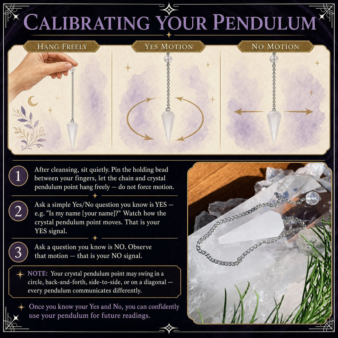 Calibration guide showing the white quartz pendulum hanging freely, a circular yes motion and a side-to-side no motion