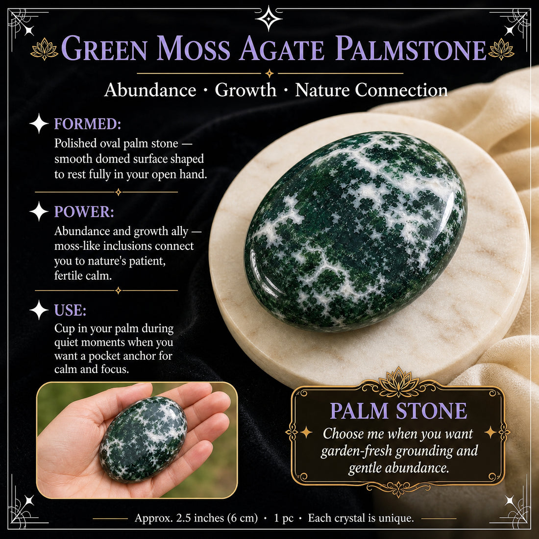 Guide card for the green moss agate palmstone, with an inset of the polished stone resting in an open hand to show its size