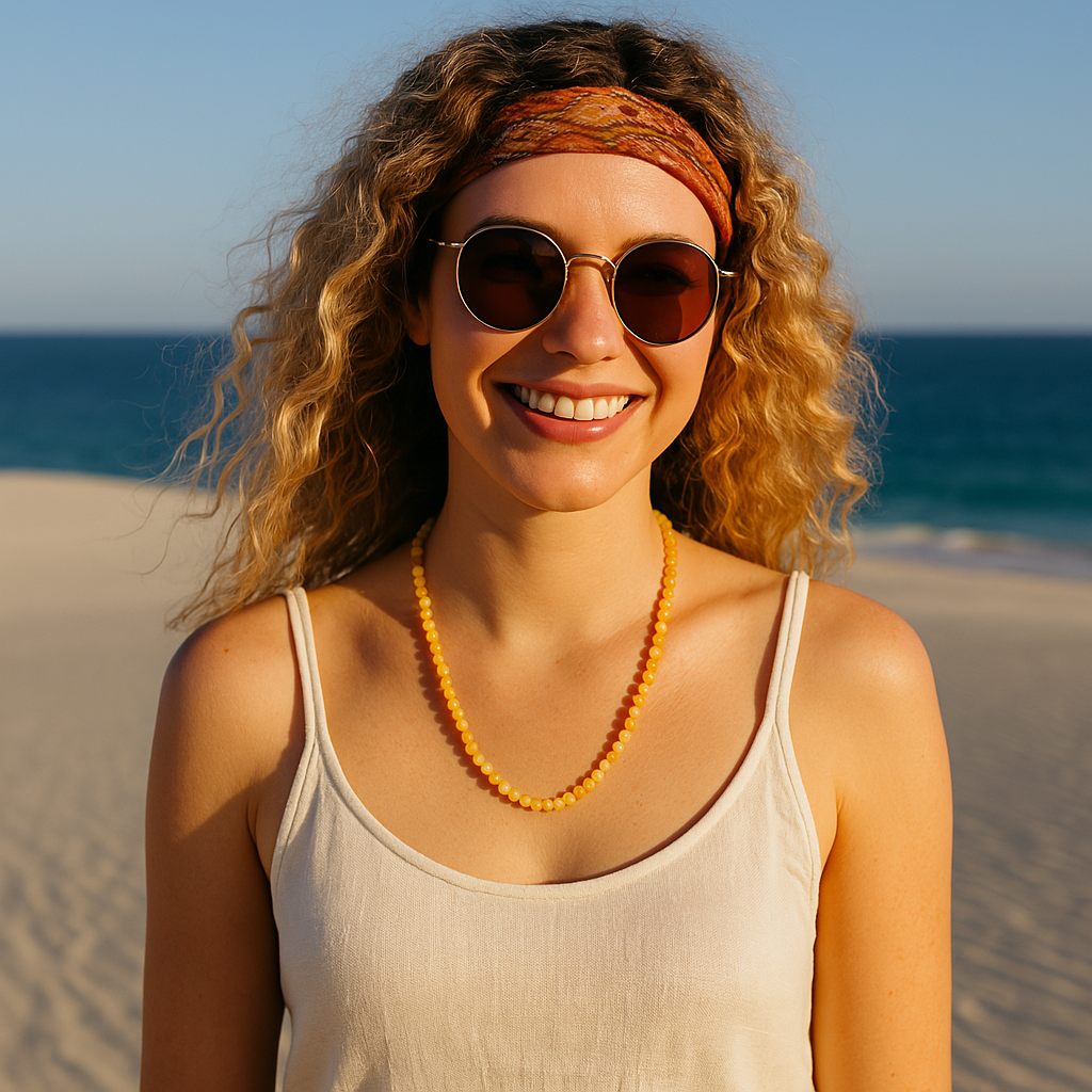 A smiling woman in round sunglasses and a headscarf wearing the yellow aventurine bead necklace on the beach